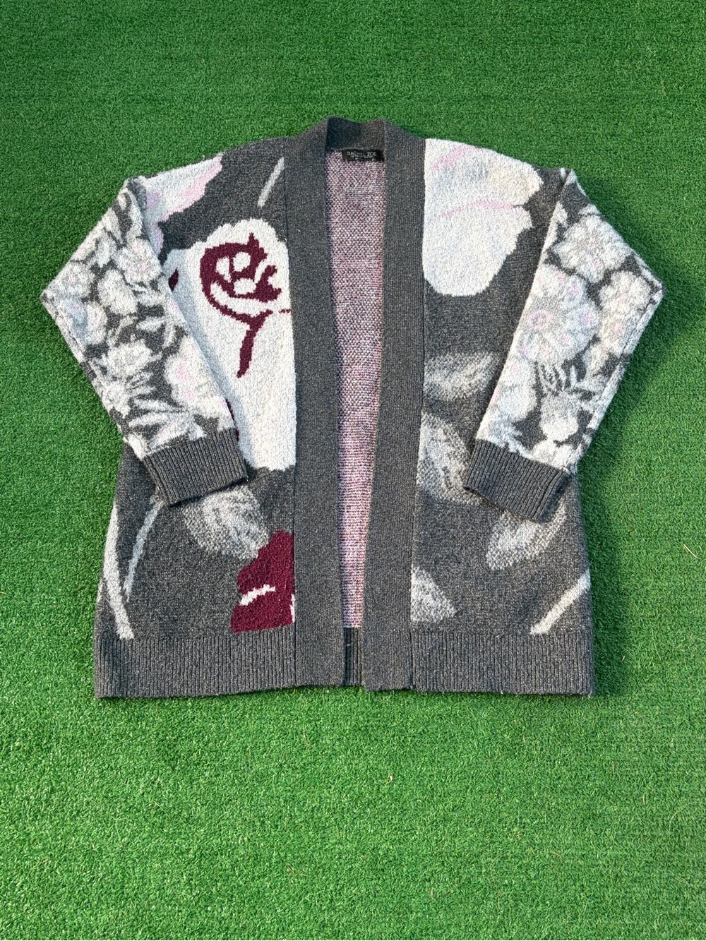 Floral Pattern Open-Front Cardigan Sweater - Gray/Pink